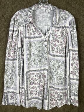 Cato Top Womens 18W 20W Purple Floral Paisley Henley Lightweight Soft Pleated